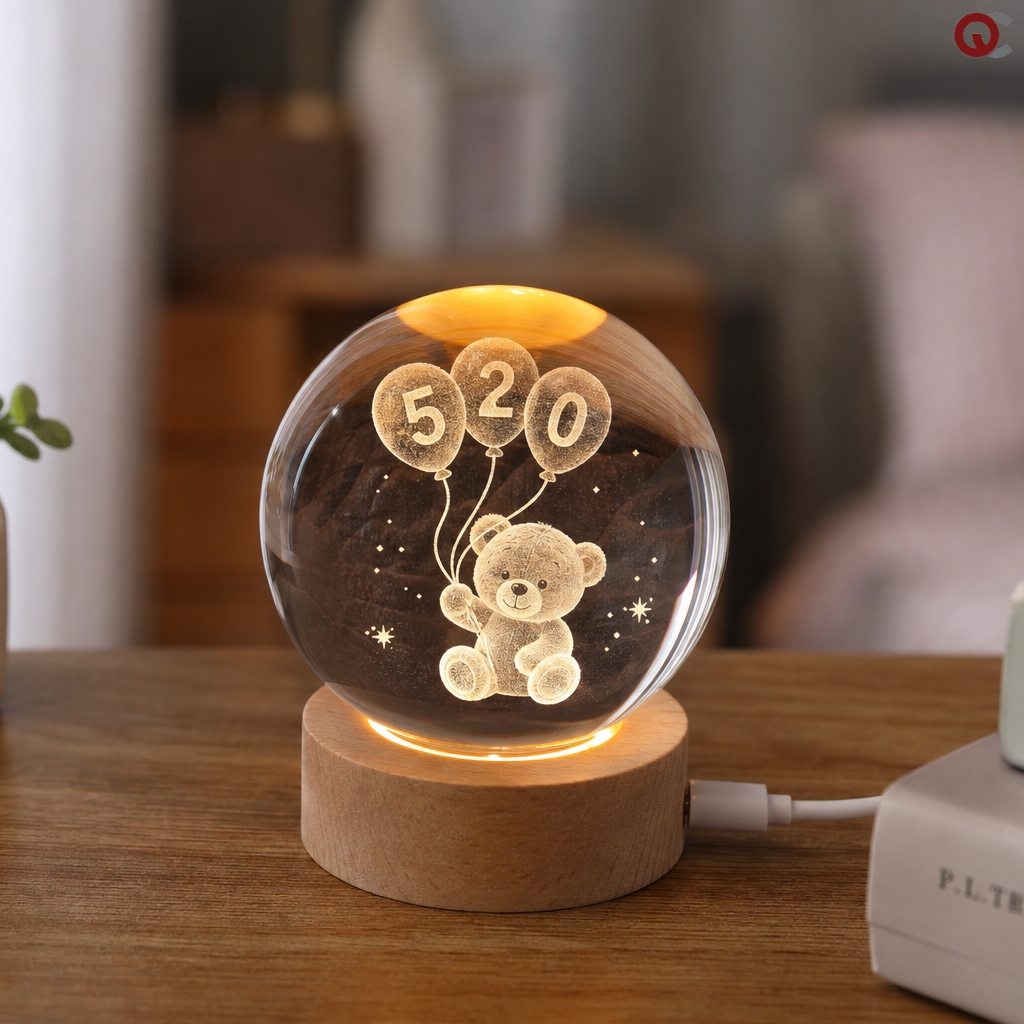 گوی شیشه‌ای سه‌بعدی طرح خرس و قلب